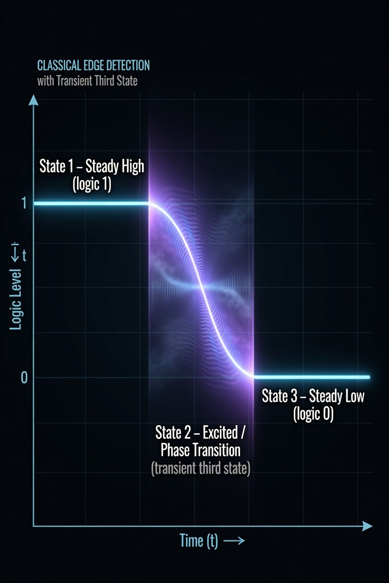 Logic-level waveform falling from steady high through a luminous interference field to steady low — classical edge detection with a transient third state